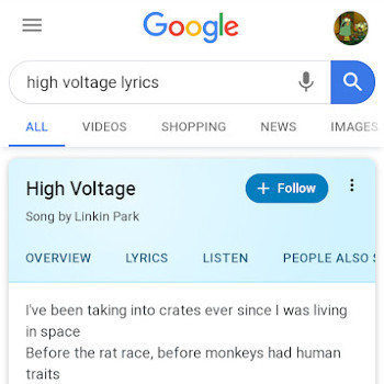 Google search for "High Voltage lyrics" produces Linkin Park as top result (over AC/DC). [Thumbnail]