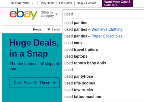 eBay website search bar shows very questionable results for autocomplete when typing in the word "used". [Formatted]