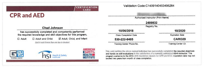 CPR and AED certification card for Chad Johnson. Valid until October 2020.