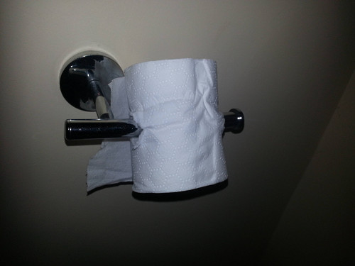 Toilet paper roll speared by the bar of the holder. [Formatted]
