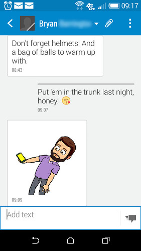Bryan says, "Don't forget helmets! And a bag of balls to warm up with." Chad responds, "Put 'em in the trunk last night, honey," with a kissy face emoji. Bryan sends a bitmoji graphic showing him almost dropping his smartphone.