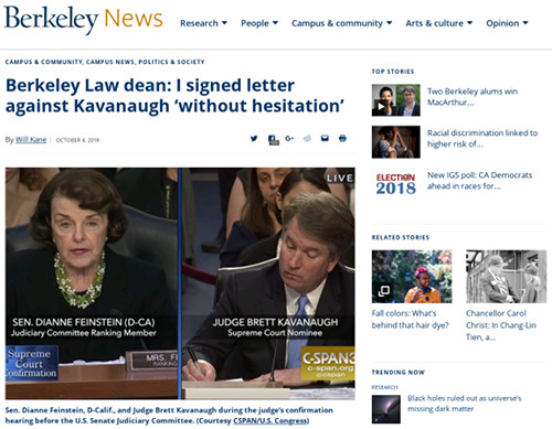 Berkeley News graphic of article "Berkeley Law dean: I signed letter against Kavanaugh 'without hesitation'". [Formatted]